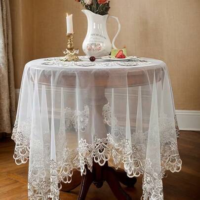 1Pc Polyester Two-Tone Mesh Lace Tablecloth With Embroidery Rustic Romantic Garden Decor Square Tablecloth Suitable For Kitchen, Dining Room, Parties, Indoor/Outdoor Holiday Decorations