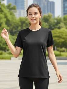Women's Quick Dry Short Sleeve Basic T-Shirt, Classic Plain Black Activewear For Outdoor Training - Black - View 3
