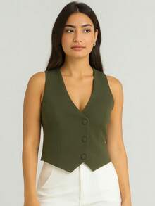Short Striped Dress Vest With Button. - Màu xanh lá cây đậm - Xem 2
