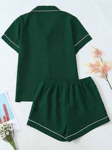2pcs Women Short Sleeve Top And Shorts Pajama Set, Casual Loose Fit Solid Color Basic Homewear, Suitable For Indoor And Outdoor Wear, Spring/Summer - Dark Green - View 5