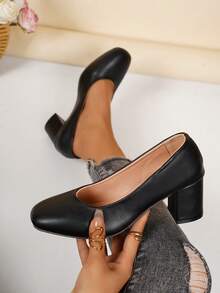 Women's Elegant Simple Round Toe Pumps, Black/Khaki/Beige, Comfortable Chunky Heels For Office, Commute, Party, Suitable For Spring & Autumn, Size 36-43 - Black - View 1