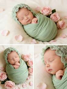 INS风新生儿摄影套装 - 多色包巾+蕾丝帽，宝宝百日照和满月照必备，新生儿包巾蕾丝帽摄影套装，粉色/白色/绿色可选，专业影棚道具，适用于新生儿、百日照、满月照和主题拍摄 - 彩色 - 查看 2