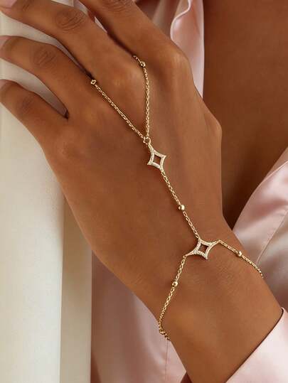 1pc 14K Gold Star Zirconia Knuckle Ring Bracelet, Jewelry Accessory For Formal Dresses, Delicate Geometric Hollow Hand Chain, Gift For Mom, Women
