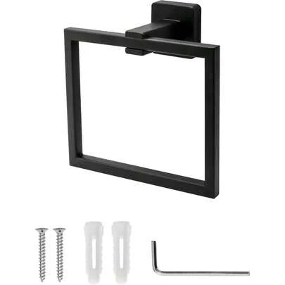 Black Towel Ring Towel Holder, Wall Mounted Bathroom Shower Hand Towel Holder Hanger, Modern Square Style