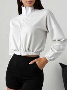 女士休闲宽松拉链长袖衬衫，简约百搭，适合日常穿着 - 白色 - 查看 2