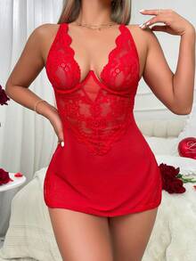 女士性感内衣两件套，包括红色网纱蕾丝吊带裙和细肩带睡裙，舒适柔软，适合情人节、蜜月、新娘送礼会、夜店等场合。 - 紅色 - 查看 2