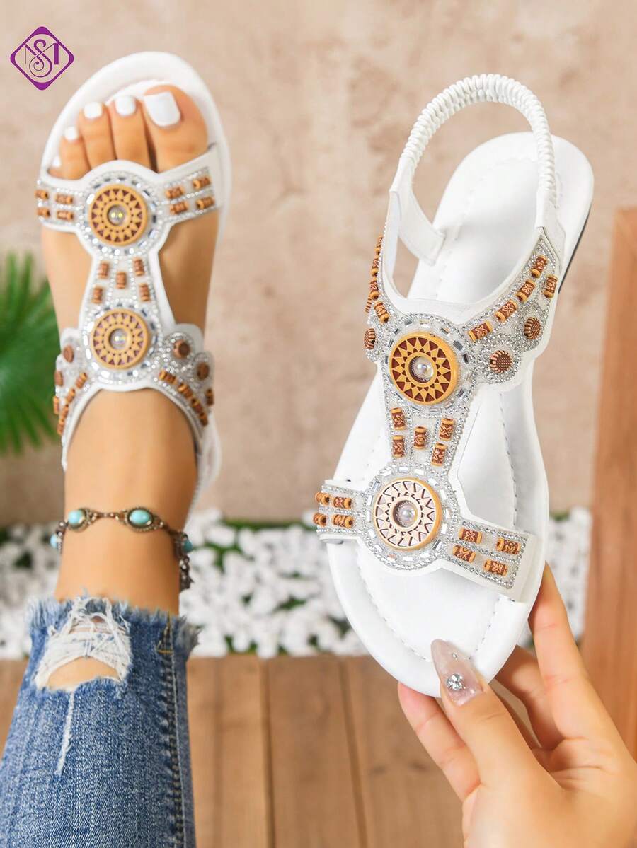 女士平底凉鞋，时尚波西米亚风交叉复古装饰休闲凉鞋，轻便舒适，百搭户外休闲凉鞋 - 白色 - 查看 1