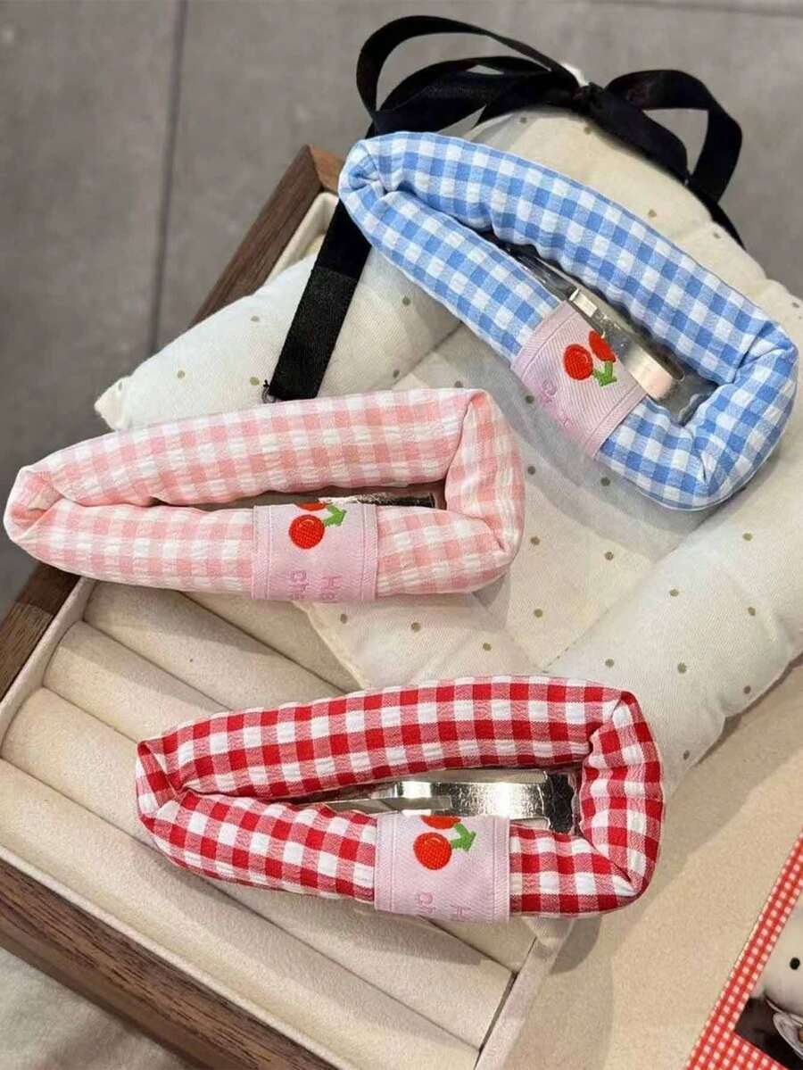 3pcs Cream Plaid Hair Clips, Cute Cherry Barrettes, Side Bangs Clips - Multicolor - View 1