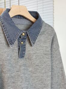 Áo len dệt kim phối vải denim kiểu Hàn Quốc dành cho nữ, thích hợp cho mùa Thu/Đông. - Xám - Xem 6
