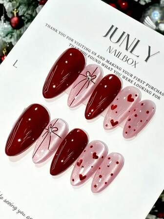 10 st röda och rosa mandelformade nagelklistermärken, romantisk röd och rosa stil, 3D-rosettdekor, hjärtmönsterdesign, glänsande strassdetaljer, glansig gelétextur, elegant och söt nagelkonst, perfekt present till kvinnor och flickor, lämplig för nyårsfirande, högtider, dejter och vardagskläder