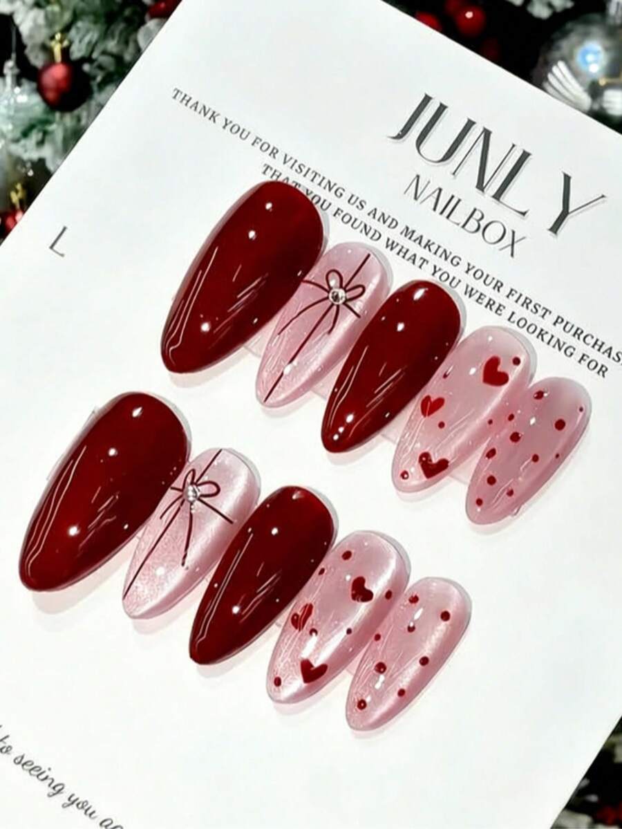10片红色和粉色杏仁形美甲贴纸，浪漫的红粉风格，3D蝴蝶结装饰，心形图案设计，闪亮水钻点缀，光泽果冻质地，优雅可爱的美甲，送给女性和女孩的理想礼物，适合新年庆祝、节日、约会和日常佩戴 - 紅色 - 查看 1