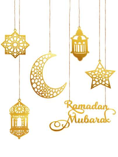6 st Ramadan-dekorationsset, akryl Ramadan-välsignelseprydnader Eid-hänge vindlampa månstjärnformer Ramadan-dekor, lämplig för upphängning på vägg, fönster, träd (guld)