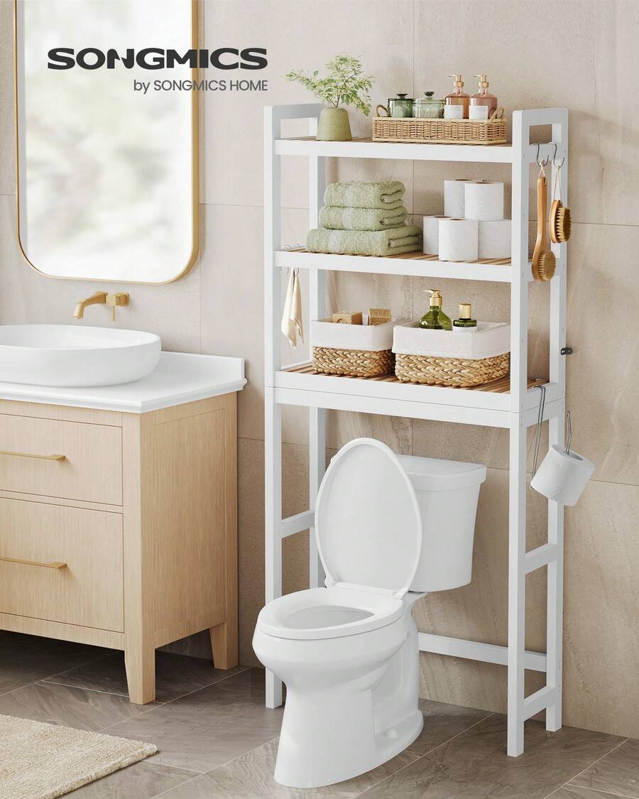 SONGMICS Toilettenregal, Badezimmerregal, Waschmaschinenregal, 3 Ebenen, Badregal aus Bambus, verstellbare Ablage, platzsparend