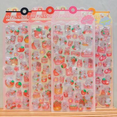 3D立体浮雕水晶贴纸，可爱粉色兔子和草莓兔，儿童手工装饰品，手机配件