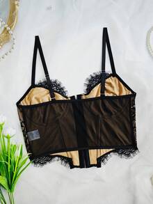 1pc Ins Style Lace Eyelash Lace Irregular Style Waist Cinching Fishbone Steel Ring Buckle Tight Corset Corset Top - Black - View 5