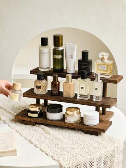 1pc Vintage 3-Tier Tabletop Storage Rack, Bedroom Vanity Organizer For Perfume, Cosmetics, Skincare Products, Wooden Makeup & Fragrance Display Shelf,Makeup Bag,Travel Essential