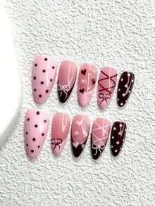10Pcs Gentle And Sweet Style Handmade Press On Nail,Polygel Nail Set,Polka Dots Embellishment,Ballet,Pink,Brown Nail Polish,Gentle And Ethereal Style,Includes Nail Tools,3 Sizes Available,Almond,Duck,Coffin Nails For Party,Dance,Daily Wear. - 彩色 - 查看 16