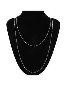 1 件女士时尚长金属串珠链项链，多层百搭毛衣链