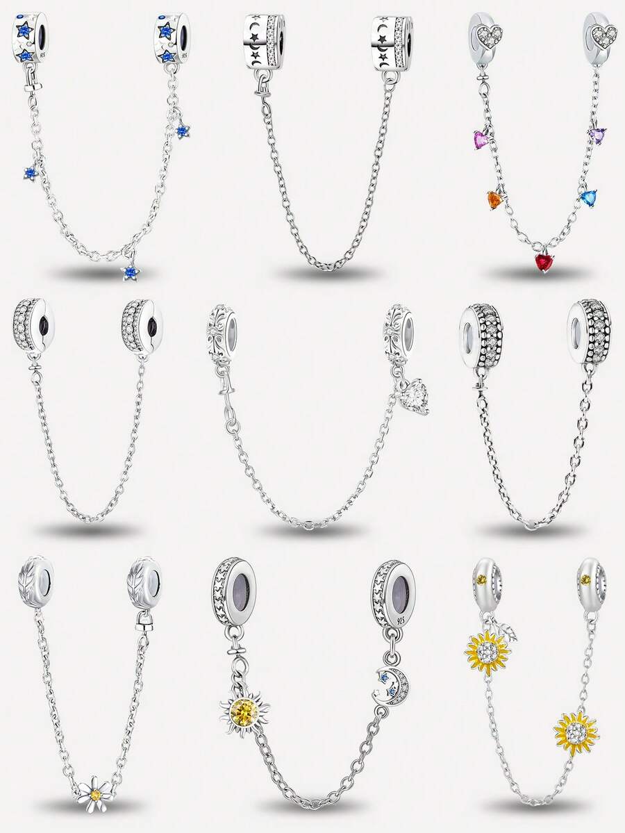 1pc 925 Sterling Silver Elegant Heart-Shaped Safety Chain Pendant, Suitable For Women's Bracelets, Bangles, DIY Jewelry Making, Date Gifts, Exquisite Women's Jewelry - Set 4 - View 1