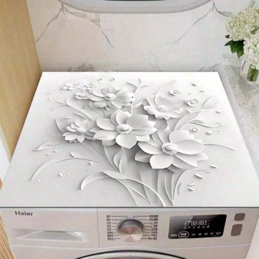 1 buah Alas Mesin Cuci Motif Bunga Modern - Alas Pengering Pakaian Silika Gel Anti Selip, Dekorasi Tahan Gores untuk Ruang Cuci, Kamar Mandi, Dapur, Kantor - Cetakan Datar Mudah Dibersihkan (Bunga Putih), Penutup Permukaan Peralatan Rumah Tangga
