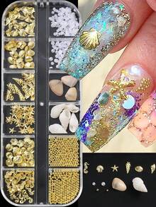 12 格 3D 海洋主题指甲装饰吊坠合金贝壳鲍鱼海马海星海螺珍珠迷你鱼子酱珠水钻 3D 海洋系列金属吊坠适用于美甲饰品制作技术 DIY 指甲饰物指甲宝石指甲用品指甲