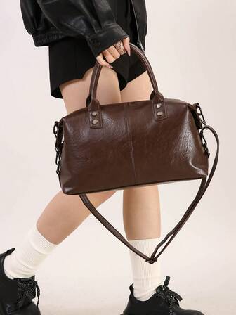 新款复古PU皮女士手提包，时尚拉链单肩包，配可拆卸肩带，女士工作旅行二合一包