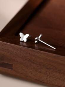 1pc S999 Sterling Silver Matte Butterfly Ear Stud, Minimalist Heart Design, Elegant Earring - White Gold - View 4