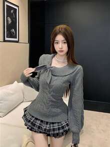 Fashionable Style Rabbit Ear Collar Waist Cinched Soft & Fluffy Fitted Women Knit Sweater, Valentine Tops For Women, Winter/Spring - Grey - View 2