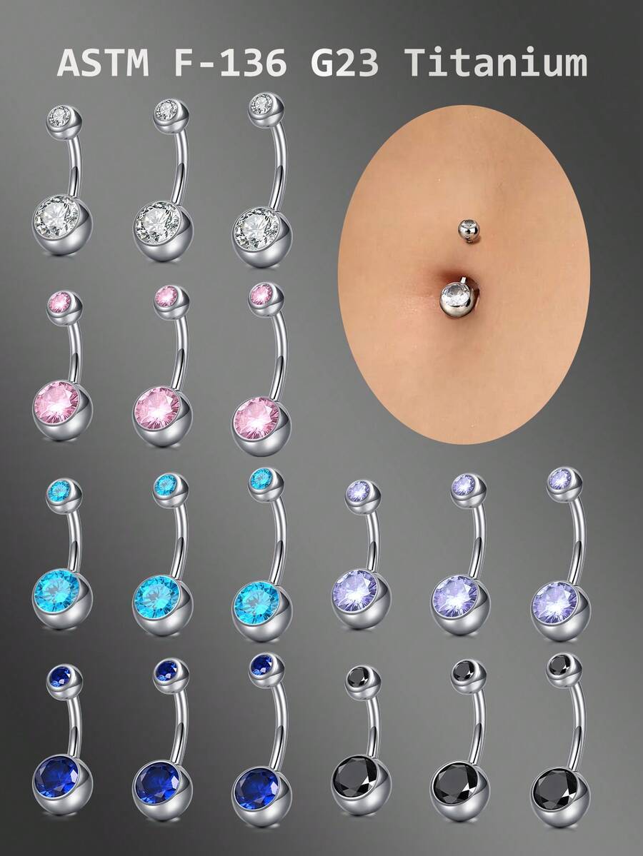 CIZME Mixed Color Titanium Navel Rings, 14G Internal Threaded Belly Rings, Short Style Navel Piercing Rings, Round Cubic Zirconia Navel Rings, Unisex, Size 6mm, 8mm, 10mm - Silver - View 1