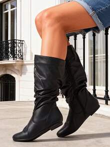 Women's Slouchy Mid Calf Boots Zip Up Flat Boots - 黑色 - 查看 5
