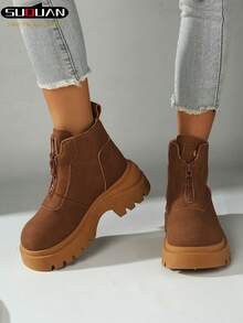 2026 Spring & Autumn New Women's Platform Boots, Front-Zipper Height-Increasing Serrated Sole, British-Style Ankle Boots, Versatile, Slimming & Elevating Ankle Boots, Autumn & Winter Commuter Shoes - Khaki - View 1