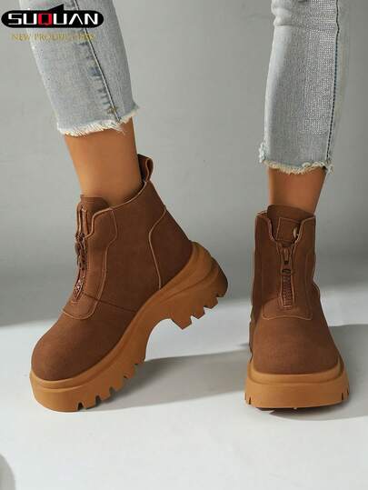 2026 Spring & Autumn New Women's Platform Boots, Front-Zipper Height-Increasing Serrated Sole, British-Style Ankle Boots, Versatile, Slimming & Elevating Ankle Boots, Autumn & Winter Commuter Shoes