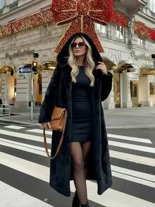 2025 Winter New Faux Fur Casual Fashion Coat, Retro Hooded Loose Mid-Length Long Sleeve Women Fake Fur Jacket - Black - View 7