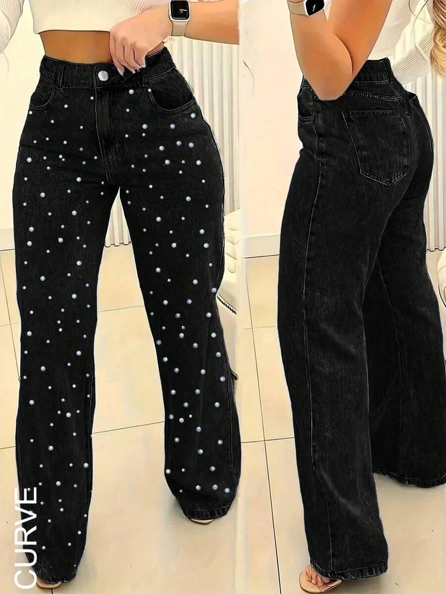 Sweet & Cool Pearl Embellished Washed Straight Leg Jeans - Women's Mid Rise Non-Stretch Denim - Black - View 1
