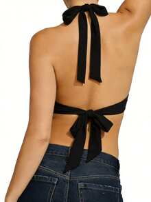Womens Open Back Halter Tops Summer Fashionable Solid Color Split Front Going Out Vest - Black - View 4