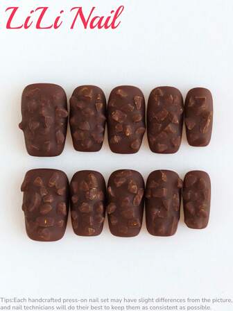 10pcs Handmade Acrylic Nail Stickers, Medium Square Nail Stickers, Brown Nail Stickers, 3D Nail Stickers, Matte Nail Stickers, Cute Nail Stickers, Autumn Nail Stickers, Chocolate Color, Reusable Nail Art Set With Nail Tools, Suitable For Daily Commute, Party And Office, Great Gift