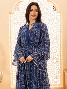 两件套纯色蕾丝串珠刺绣开衫，优雅的欧式和中东阿拉伯迪拜风格女士长袖长袍，配腰带，适合开斋节穿着。 - 藏蓝色 - 查看 3