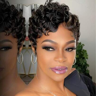 Pixie Cut Wig For Women Lace Front Curly Short Human Hair Wig 13x4x1 T Part Lace Frontal Wigs Chic Elegant Black Short Curly Wigs Pixie Wigs For Black Women 150% Density Layered Pixie Wigs With Bangs Real Human Hair Glueless Wig For Love Gift, Valentine's Day, Daily Use