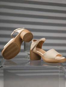 女士优雅搭扣装饰高跟穆勒凉鞋，细跟，百搭时尚绑带凉鞋 - 杏色 - 查看 2