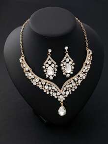 3pcs/Set Elegant Mature Graceful V-Shaped Full Rhinestone Pendant Necklace & Earrings Set, Suitable For Women To Wear To Parties And Gatherings - White - View 2
