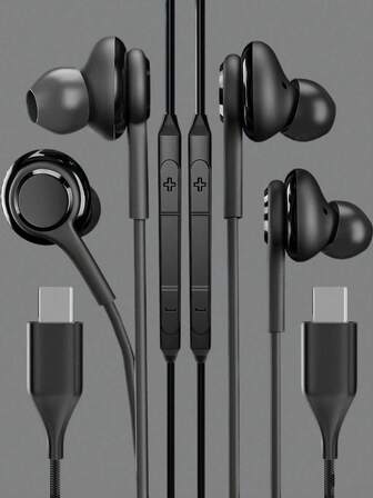1~2-pack USB C-trådbundna hörlurar, typ C nylonflätade in-ear-hörlurar med mikrofonvolymkontroll, basstereo, brusreducerade, kompatibla med Galaxy S25 S24 S23 FE S22 S21 A53 fler typ C-kontakter