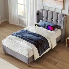 Upholstered Single Bed With USB Type-C Charging Function, Bed Frame With Slatted Base, Upholstered Bed In Grey, 90 X 200 Cm Bed Frame Youth Bed For Bedroom Guest Room - Linen Material - Grey - View 12