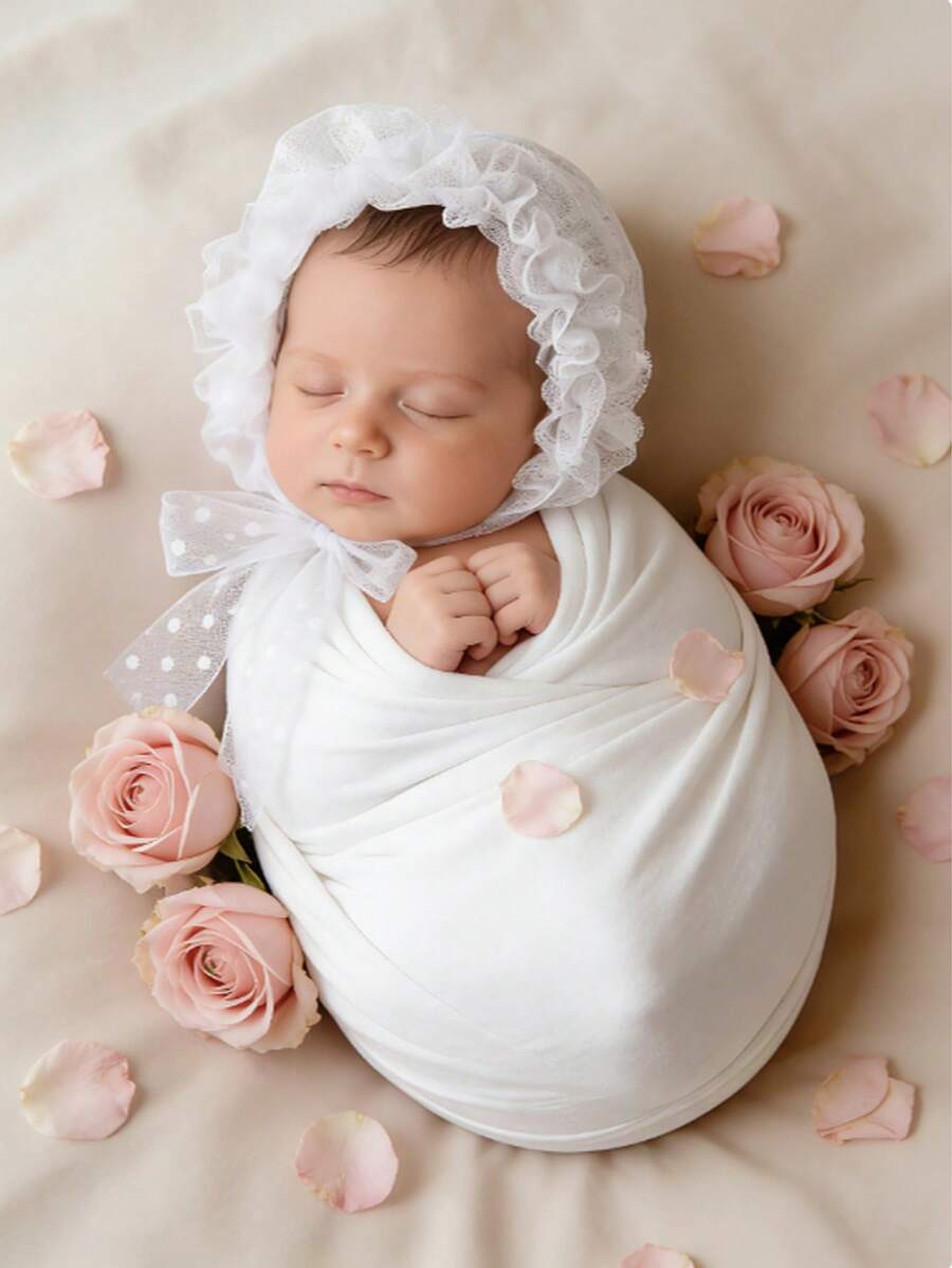 Bộ chụp ảnh sơ sinh phong cách INS - Khăn quấn nhiều màu + Mũ ren, cần thiết cho ảnh kỷ niệm 100 ngày và trăng tròn của bé, bộ khăn quấn và mũ ren chụp ảnh sơ sinh, có sẵn màu hồng/trắng/xanh lá cây, đạo cụ studio chuyên nghiệp cho chụp ảnh sơ sinh, 100 ngày, trăng tròn và các buổi chụp ảnh theo chủ đề. - Nhiều màu - Xem 1