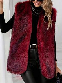 Chaleco largo sin mangas de mujer de piel sintética elegante, chaleco tipo cárdigan de unicolor y estilo regular, ropa de invierno para mujer