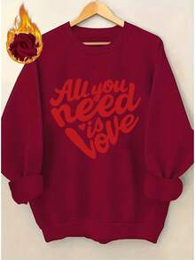 2026 New Year Cotton Sweatshirt For Women Pink 'All You Need Is Love' Red Cursive Letter Hoodie - Thick Pullover Sweater With Heart Decoration, Pink And Red Valentine's Day Sweater, Casual Winter Wear, Machine Washable Crew Neck Sweater (Do Not Tumble Dry) - Mature Style Loose And Comfortable Winter Clothes For Women - 酒紅色 - 查看 12
