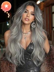 Grey Ombre Body Wave Wig For Women Long Wavy Hair 65cm Curly Wig With Bangs Cosplay Headband Wigs Synthetic Wigs For Daily Use - Màu xám ombre - Xem 11