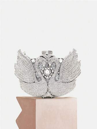 Lyxiga smycken med svandesign, silverkristallkvällsväskor, djurdesignade strass-kuponger för bröllop och brudfestmiddag, damväskor, silver- och rosa strass-minaudiere-handväskor, bal- och festevenemang, bästa presenten till henne med ask