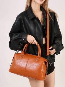 新款复古PU皮女士手提包，时尚拉链单肩包，带可拆卸肩带，女士工作旅行二合一包 - 棕色 - 查看 7