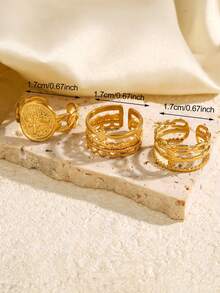 Set de 3 inele elegante din oțel inoxidabil placate cu aur de 18K, cu model geometric, cerc, stea, lună și frunză, inspirate de monede vintage, potrivite pentru femei, pentru zi de zi, petreceri, sărbători, cadouri, cumpărături, întâlniri, set de inele de lux