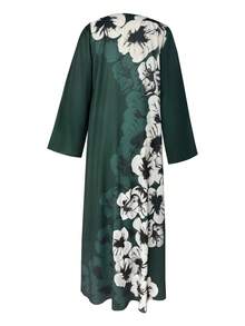 女士中东长袍，纯色或印花长袖开衫，配头巾，适合日常穿着、晚宴、婚礼、度假、海滩等场合。 - 綠色 - 查看 3